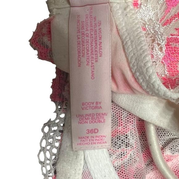 VICTORIAS SECRET BODY BY VICTORIA PINK/WHITE LACE UNLINED DEMI BRA SIZE 36D - Picture 8 of 8